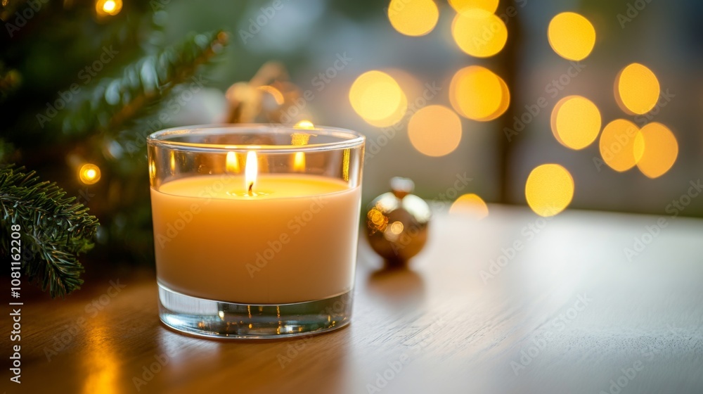 A Lit Candle with a Blurred Background of Christmas Lights and a Pine Branch A Lit Candle with a Blurred Background of Christmas Lights and a Pine Branch