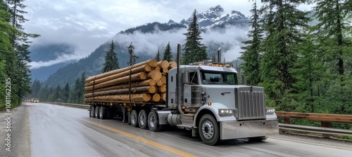 Logging Truck Transporting Timber, Majestic Mountain Highway Journey Through a Scenic Forest