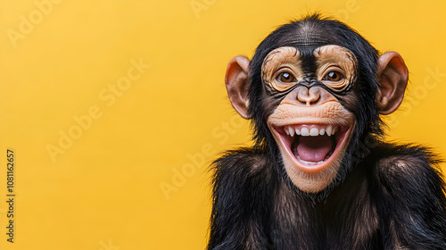 Happy Chimpanzee on Yellow Background, monkey, primate, ape, animal, mammal photo