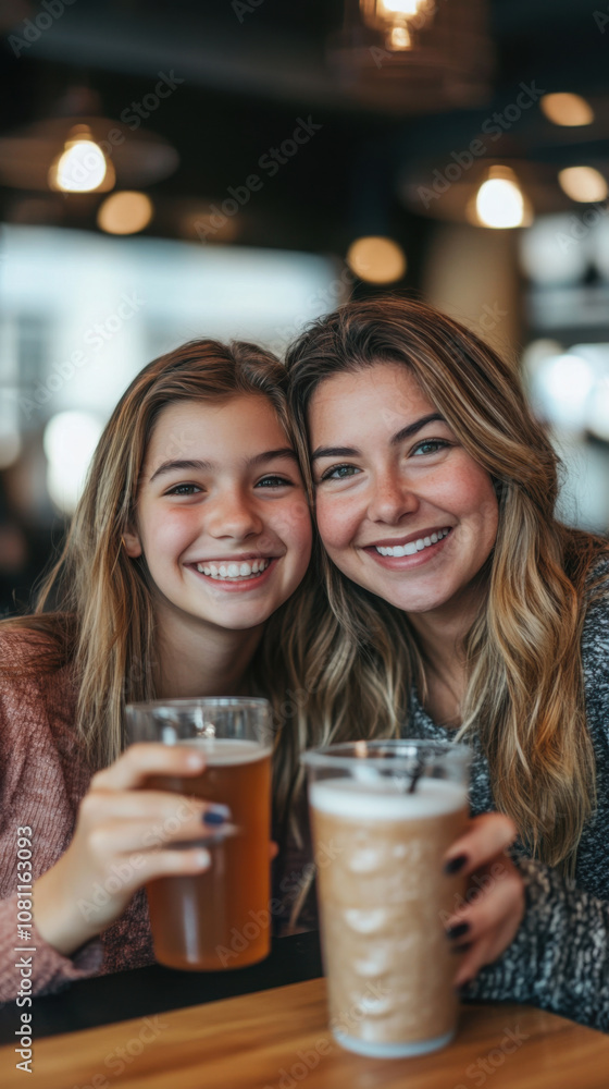 Mother and daughter bonding over drinks in a cozy café setting Mother and daughter bonding over drinks in a cozy café setting