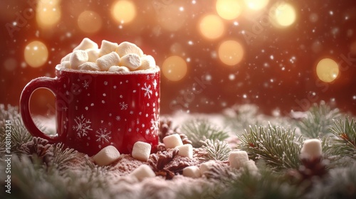 Red Mug with Marshmallows and Snowflakes Surrounded by Pine Branches and Snow