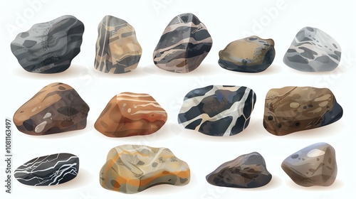 A set of 12 realistic vector rocks and stones of various shapes and colors. photo