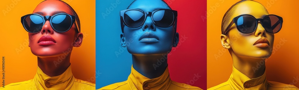 Three different colored images of a woman with sunglasses on, sale discount concept Three different colored images of a woman with sunglasses on, sale discount concept