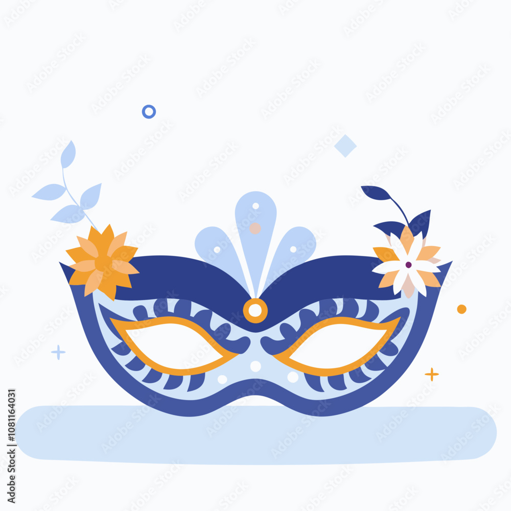 Obraz premium A blue and yellow mask with flowers on it is displayed on a white background. The mask has a blue base and yellow accents, and the flowers are scattered throughout the design