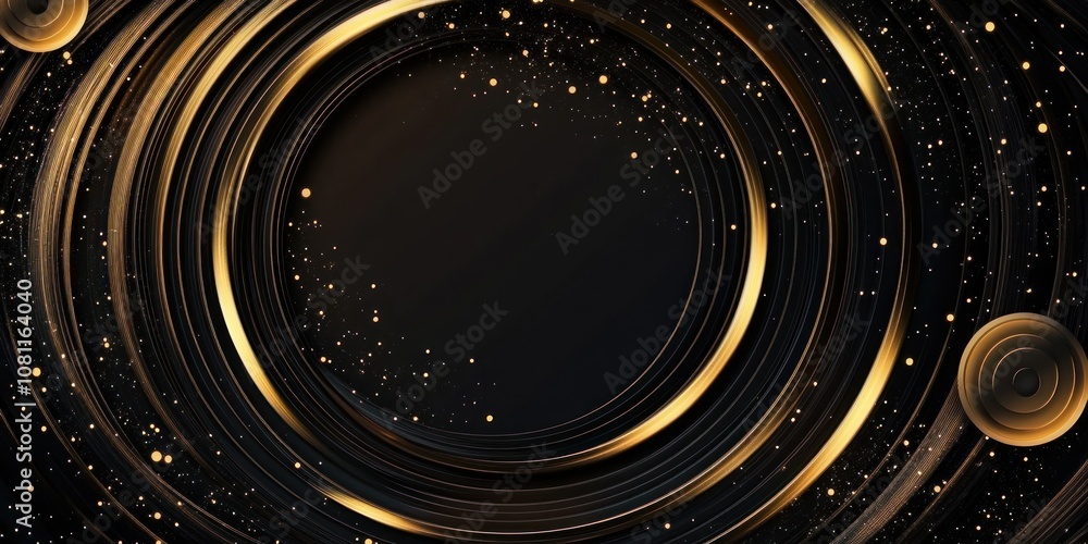 Obraz premium Abstract black and gold concentric circles with glitter.