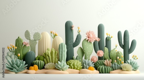 Artistic Arrangement of Colorful Cactus and Succulent Plants in a Creative Setup Highlighting Diverse Shapes and Textures against a Minimalist Backdrop