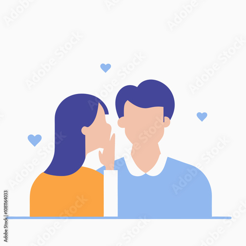 A man and a woman are standing next to each other, with the man covering his mouth as if he is whispering something to the woman. Concept of intimacy and closeness between the two people