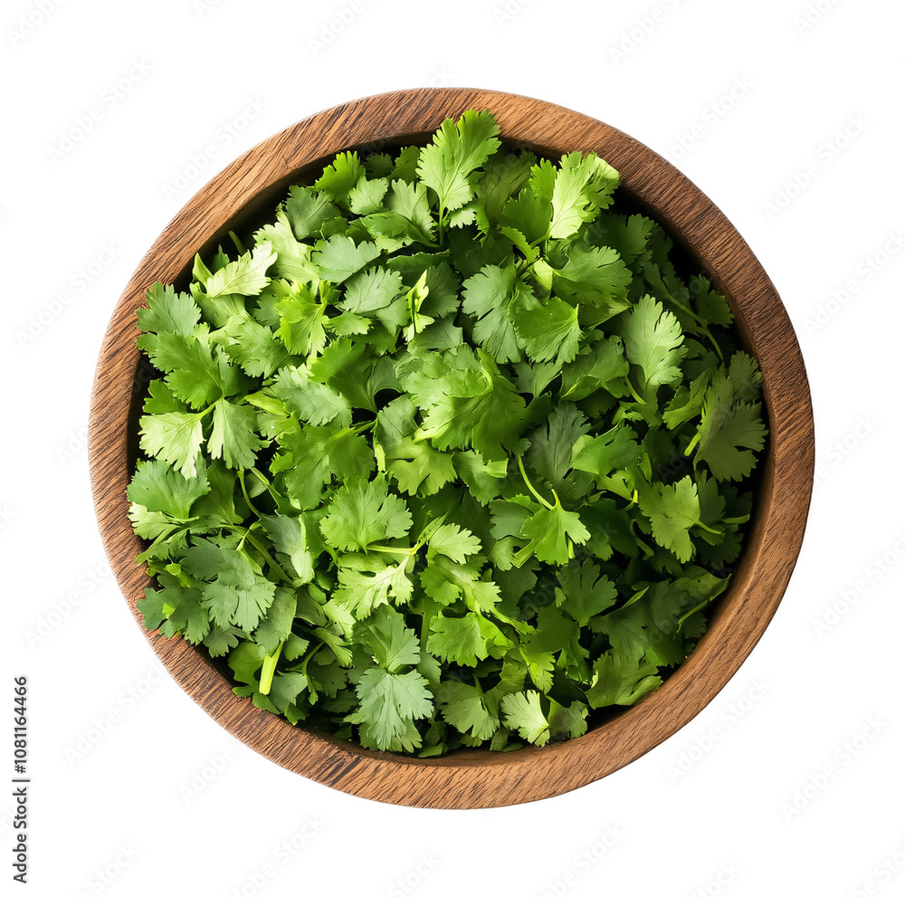 Top view of cilantro in a wooden bowl isolated against a white background Top view of cilantro in a wooden bowl isolated against a white background