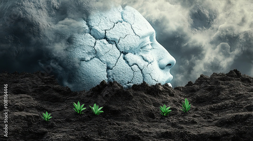 Cracked Earth Face Symbolizing Climate Change Denial Amidst Ecological Growth photo