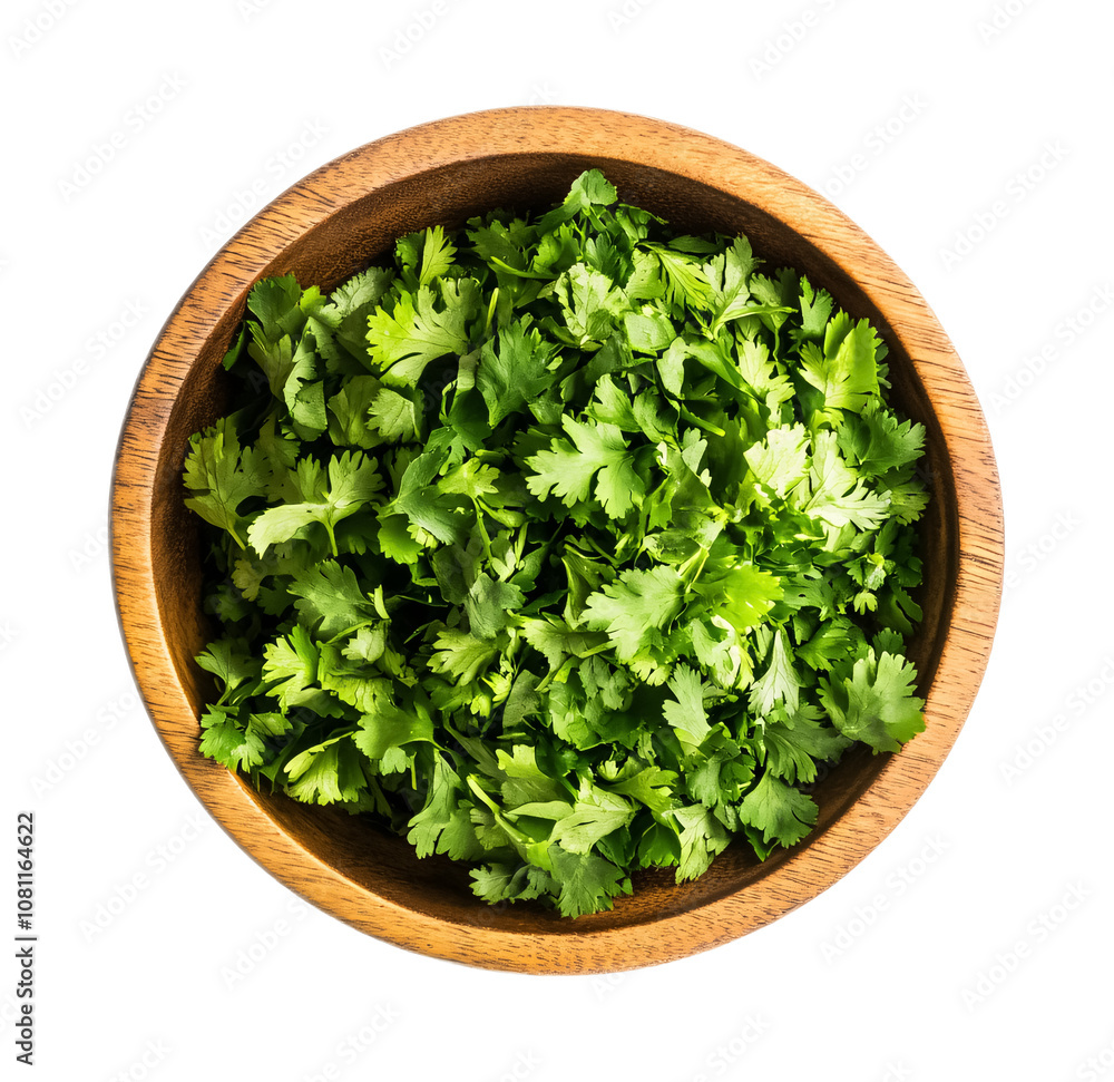 Top view of cilantro in a wooden bowl isolated against a white background