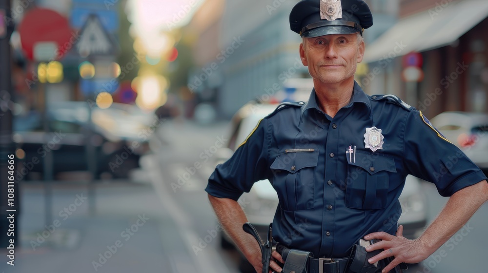 Friendly Policeman Standing Proudly in Urban Setting - Security and Community Focus Friendly Policeman Standing Proudly in Urban Setting - Security and Community Focus