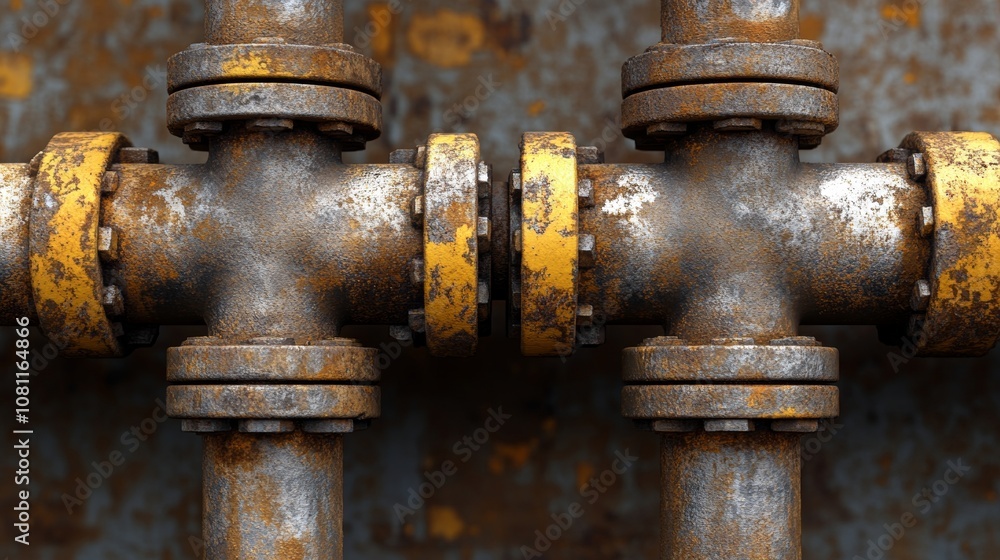 Rusty Metal Pipes Intricate Network of Industrial Plumbing with Flanges, Bolts, and Corrosion Rusty Metal Pipes Intricate Network of Industrial Plumbing with Flanges, Bolts, and Corrosion