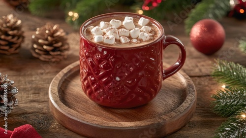 Red Mug of Hot Chocolate with Marshmallows and Cinnamon on a Wooden Coaster