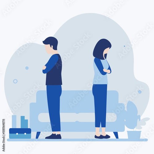 A man and woman are standing in front of a couch, with the man looking away and the woman looking at the ground. Scene is one of sadness and disappointment