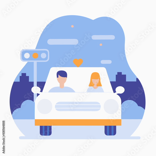 A couple is driving in a car with a heart on the hood. Scene is romantic and happy