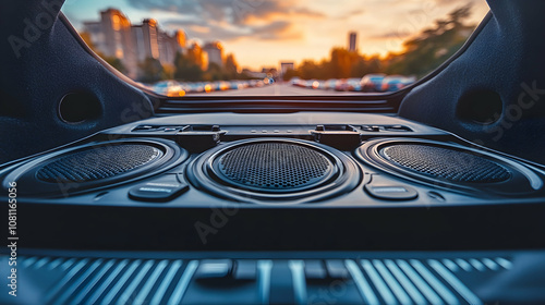 Car Audio System with City Sunset View, car speakers, sound system, subwoofer, amplifier, car stereo photo