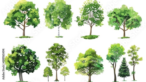 A set of watercolor tree illustrations. The pack includes various types of trees, such as oak, birch, maple, and pine. photo