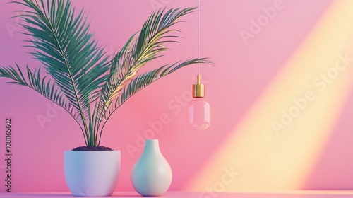 Modern Green Palm Plant with Minimalist Decor Against Pastel Background photo