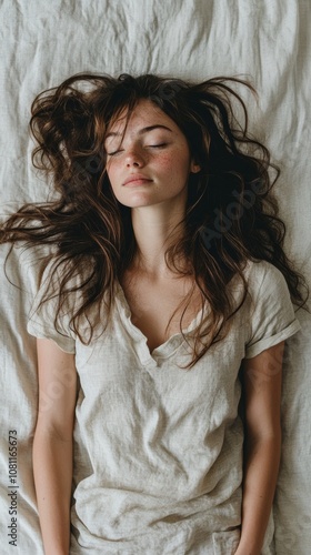 Woman lying on a bed with tousled hair, wearing a light linen shirt photo