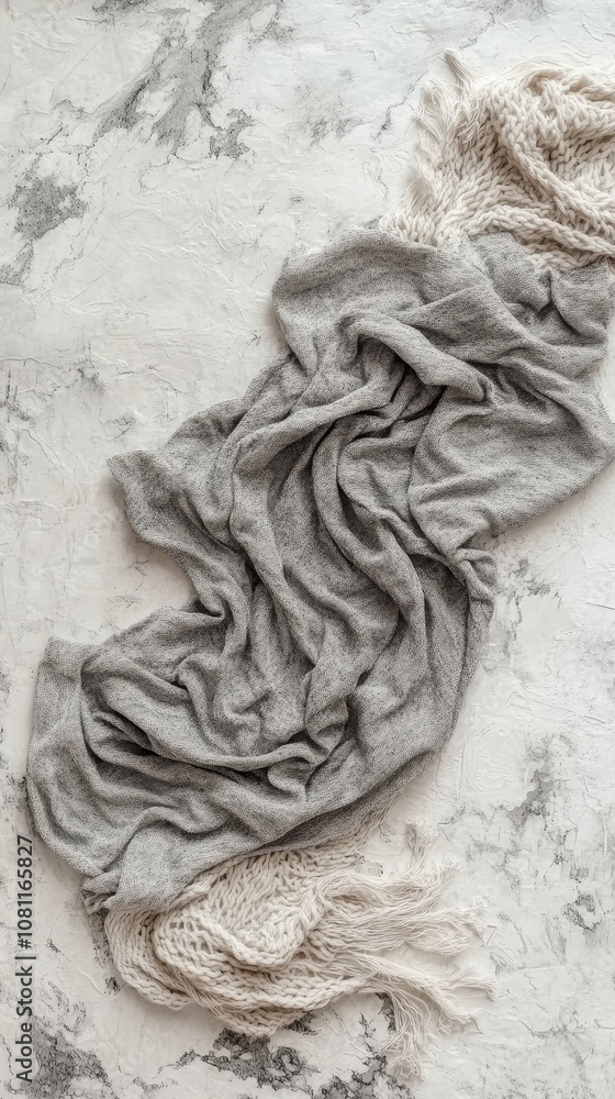 Soft Gray Knit Blanket on Marble Surface Soft Gray Knit Blanket on Marble Surface