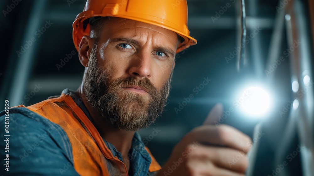 construction worker is focused on inspecting equipment, holding a flashlight in his hand. He wears a hard hat and an orange safety vest, emphasizing the importance of safety on the job construction worker is focused on inspecting equipment, holding a flashlight in his hand. He wears a hard hat and an orange safety vest, emphasizing the importance of safety on the job