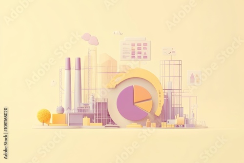 Factory Illustration with Circular Saw and Pie Diagram Emphasis on Character Design Generative AI photo