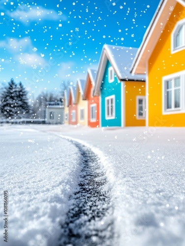 Cozy Winter Village Scene with Pastel Colored Houses Surrounded by Snow, Featuring a Clear Blue Sky and Gentle Snowfall on a Bright Day