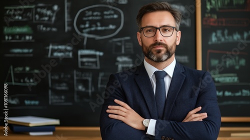 confident man in glasses and a suit stands with arms crossed in front of a chalkboard filled with graphs, exuding authority and expertise in his field