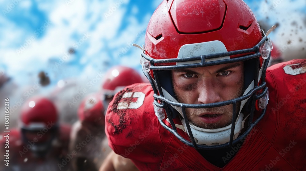 determined football player in a red helmet and jersey sprints ahead with focus, surrounded by teammates, as dirt flies around them on the field during an exciting match determined football player in a red helmet and jersey sprints ahead with focus, surrounded by teammates, as dirt flies around them on the field during an exciting match