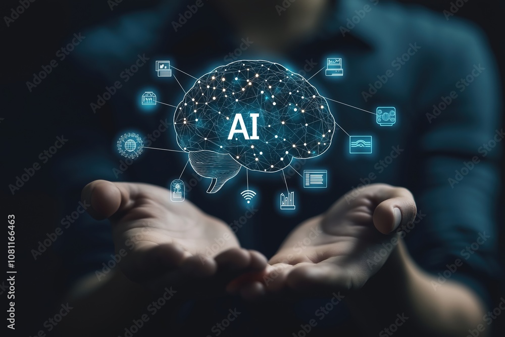 Hands presenting ai brain with technology icons futuristic concept of artificial intelligence integration in human life and digital innovation techniques Hands presenting ai brain with technology icons futuristic concept of artificial intelligence integration in human life and digital innovation techniques