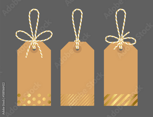 Blank Christmas New Year tag with bow and ribbons. Dots striped craft paper background, gift tied up with cotton gold rope bakers twine. Packing string for decoration, present. Isolated vector EPS10