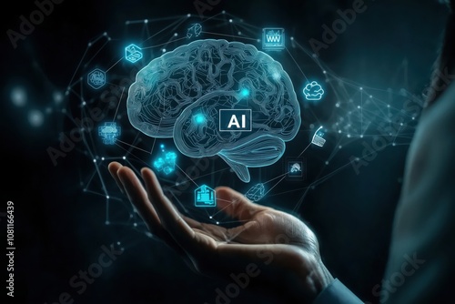 Hand holding digital brain with ai icons futuristic concept of artificial intelligence and technology integration in modern business solutions