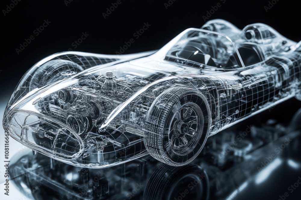 Naklejka premium Blueprinted car model with detailed and sleek design in a workshop setting surrounded by tools and measuring equipment.