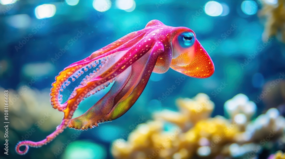Obraz premium A red cuttlefish swimming in the ocean.