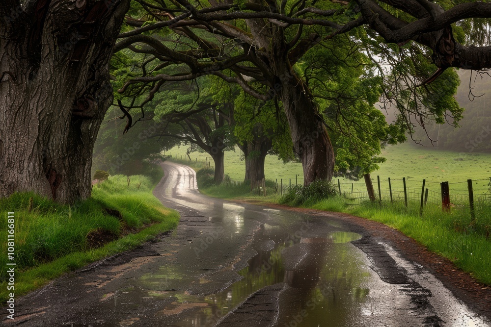 Naklejka premium Serene Country Road in Rainy Weather Perfect for Peaceful Landscape Art and Nature Prints