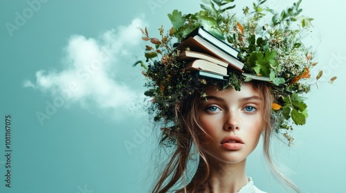 A woman poised with an extravagant headpiece made of books and lush foliage, set against a dreamy background, symbolizes creativity and knowledge in nature's embrace. photo