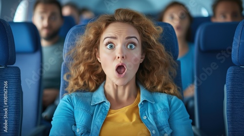 A woman with curly hair shows a shocked expression during a flight, turning her gaze wide-eyed. Fellow passengers appear surprised as they react to an unexpected event