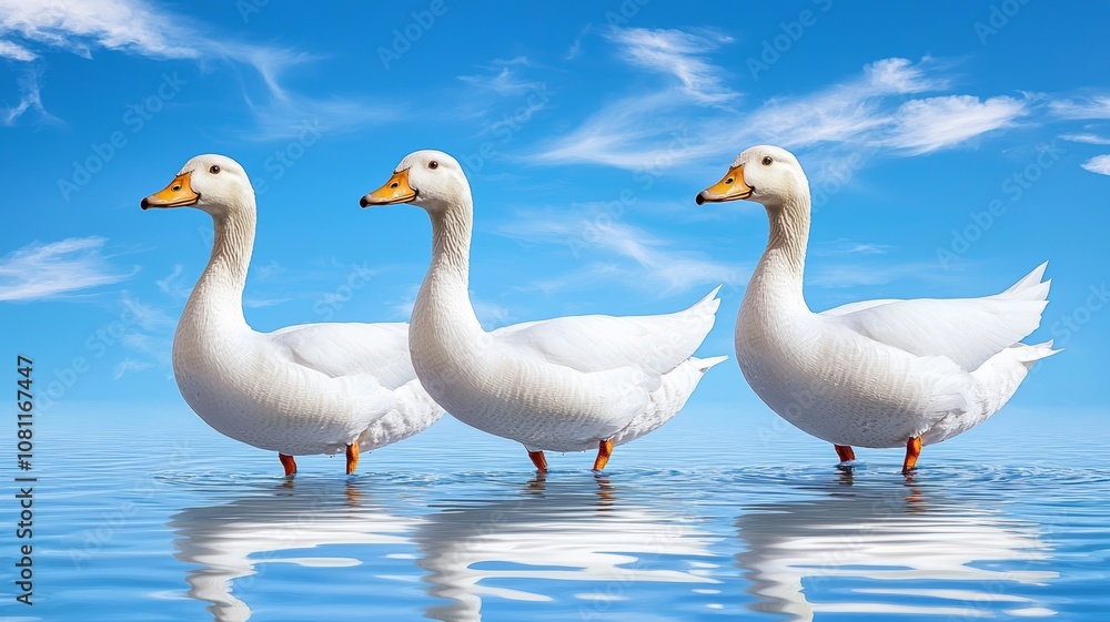 Calm and Serene Water Scene Featuring Three White Ducks Swimming Gracefully Against a Clear Blue Sky with Soft Clouds and Reflections in the Water Calm and Serene Water Scene Featuring Three White Ducks Swimming Gracefully Against a Clear Blue Sky with Soft Clouds and Reflections in the Water