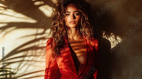 A fashionable woman poses gracefully in a striking red dress, bathed in dramatic shadow patterns, creating an artistic and contemplative visual effect. photo