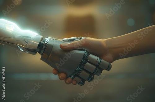 Human hand shaking robot hand, symbolizing human-robot collaboration and technology. Futuristic and innovative. Connection between robot and human hands. Robotic and AI technology with human