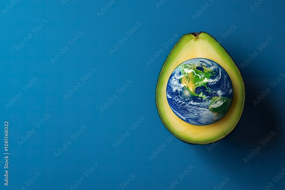 Fototapeta premium A halved avocado with a globe nestled in the seed area on a blue background