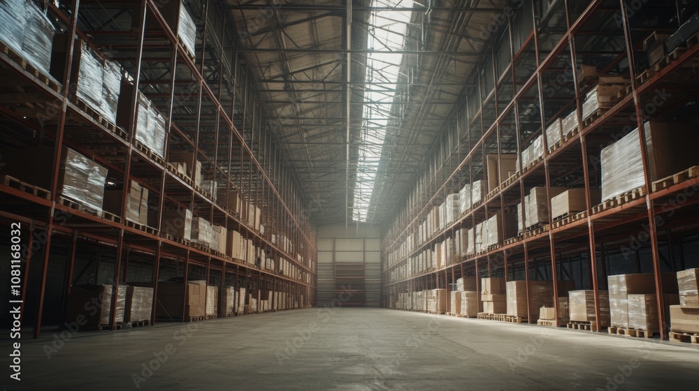 Vast Empty Warehouse Interior with Tall Ceilings and Abandoned Shelving, Conveying a Sense of Scale and Potential Generative AI Vast Empty Warehouse Interior with Tall Ceilings and Abandoned Shelving, Conveying a Sense of Scale and Potential Generative AI