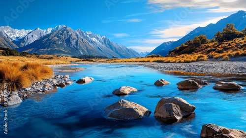 Breathtaking Scenic Landscape Featuring a Serene River Flowing Through Majestic Mountains and Vibrant Skies, Capturing Nature's Tranquility in Full Glory photo