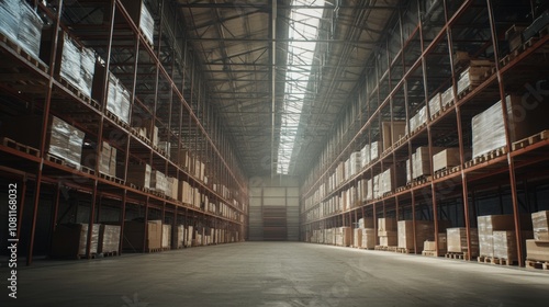 Vast Empty Warehouse Interior with Tall Ceilings and Abandoned Shelving, Conveying a Sense of Scale and Potential Generative AI