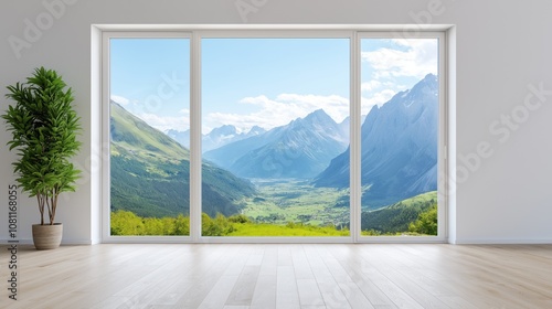 spacious room features large windows that frame a breathtaking view of mountains and a vibrant green valley under a clear blue sky, creating a serene atmosphere