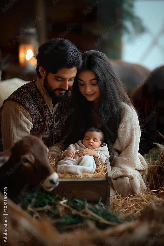 A young couple admires their newborn in a cozy nativity setting near animals and hay A young couple admires their newborn in a cozy nativity setting near animals and hay