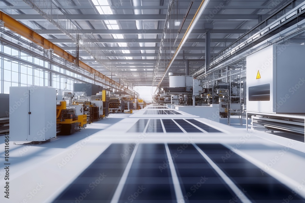 Interior of a high-tech facility producing solar panels, showcasing modern industrial technology Interior of a high-tech facility producing solar panels, showcasing modern industrial technology