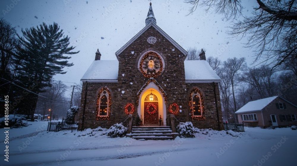 A Stone Church Adorned with Christmas Lights During a Snowstorm A Stone Church Adorned with Christmas Lights During a Snowstorm