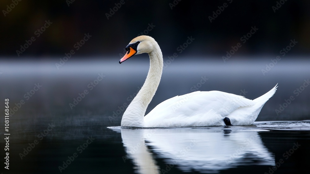 Fototapeta premium Elegant White Swan Gliding Gracefully Over the Serene Water Surface at Dawn, Surrounded by Mist and Soft Reflections in Nature’s Tranquil Setting