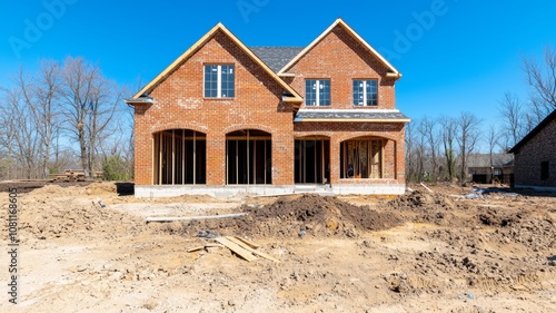 New Residential Construction in Progress with Brick Exterior and Framed Windows Under a Clear Blue Sky in a Suburban Setting